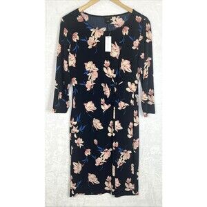 Ann Taylor Factory Dress Side Knot 3/4 Sleeve Floral Blue Multicolor Size 12 NEW